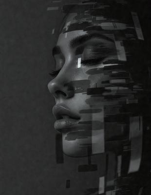 The primary subject of the image is a woman with a close-up of her face. She has a pouty lip and is wearing makeup. The setting is a dark background, which adds a dramatic effect to the photo. The visual style is a combination of a photo and digital art, creating a unique and artistic representation of the woman. The colors and mood of the image are predominantly dark, with the woman's face being the main focus and source of light.